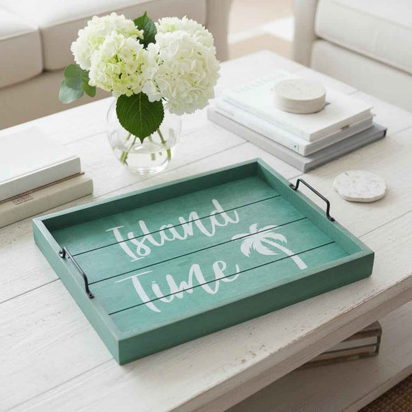 16" Aqua And White Island Time Serving Tray With Handles