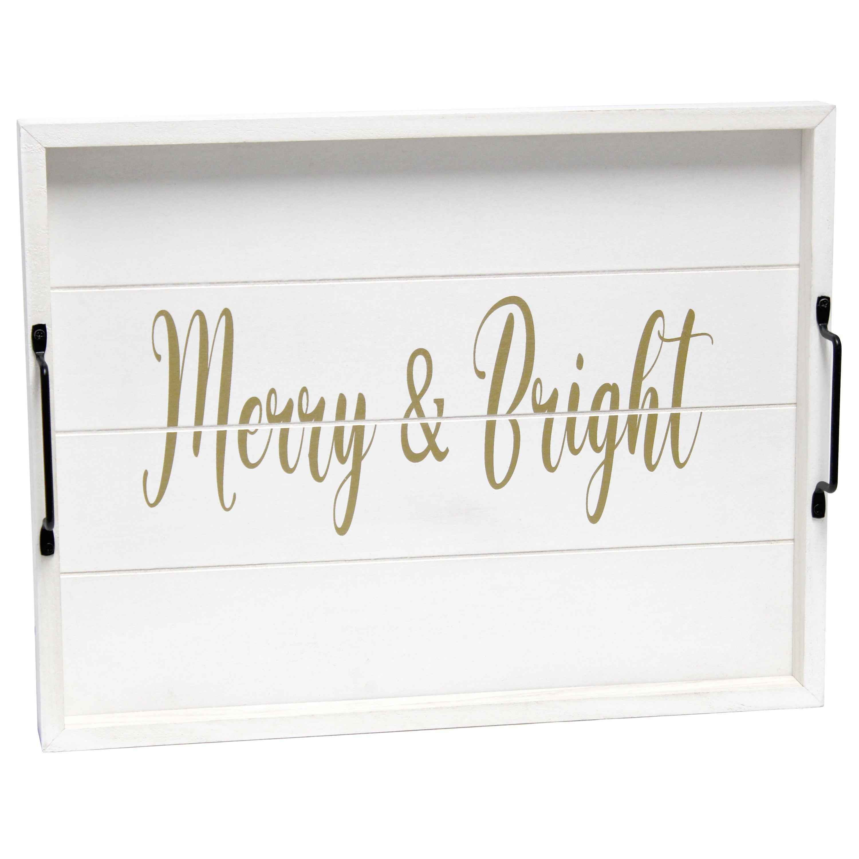 16" White And Gold Merry and Bright Christmas Serving Tray With Handles