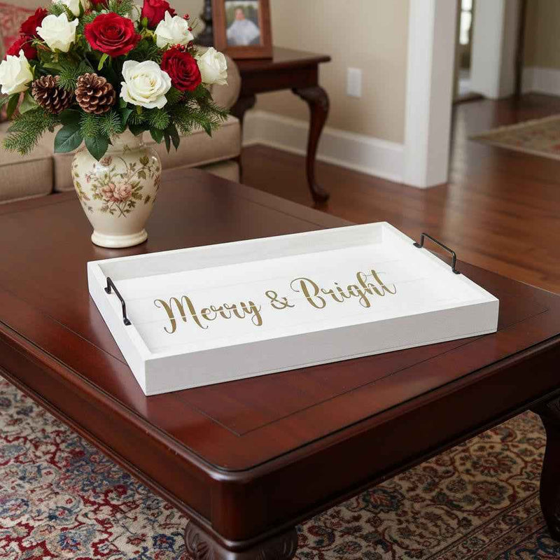 16" White And Gold Merry and Bright Christmas Serving Tray With Handles