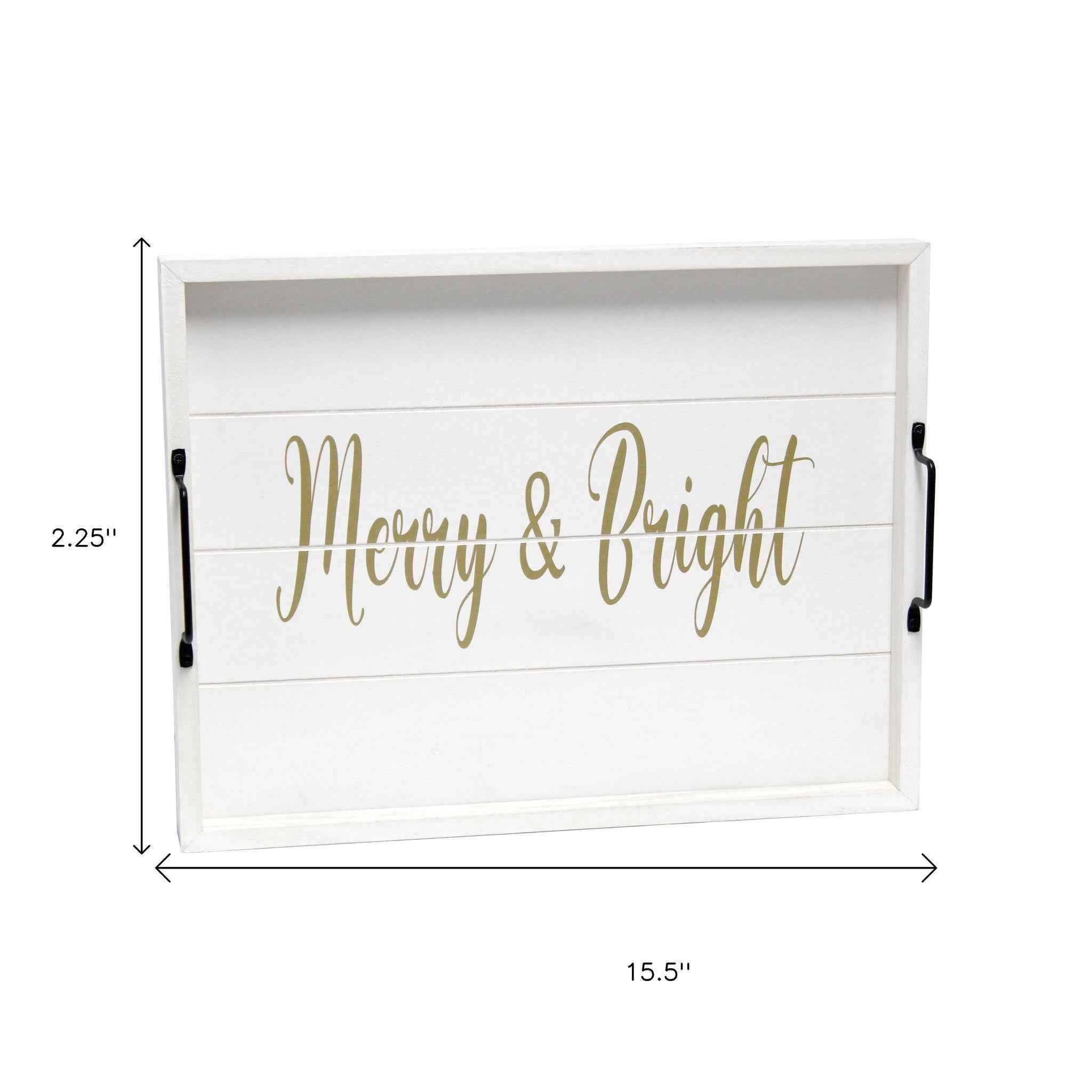 16" White And Gold Merry and Bright Christmas Serving Tray With Handles