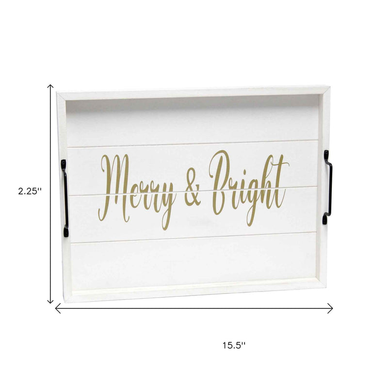 16" White And Gold Merry and Bright Christmas Serving Tray With Handles