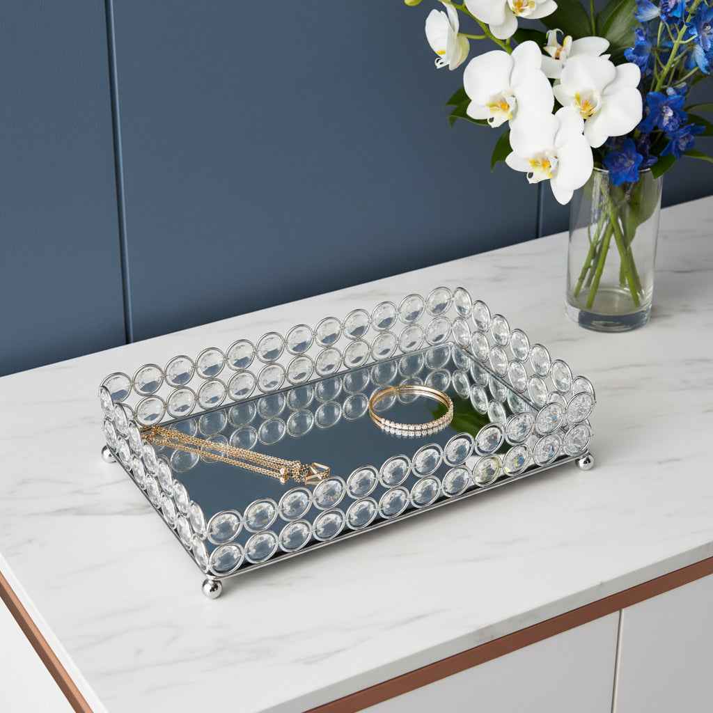 11" Silver And Clear Faux Crystal Metal And Mirrored Glass Vanity Tray