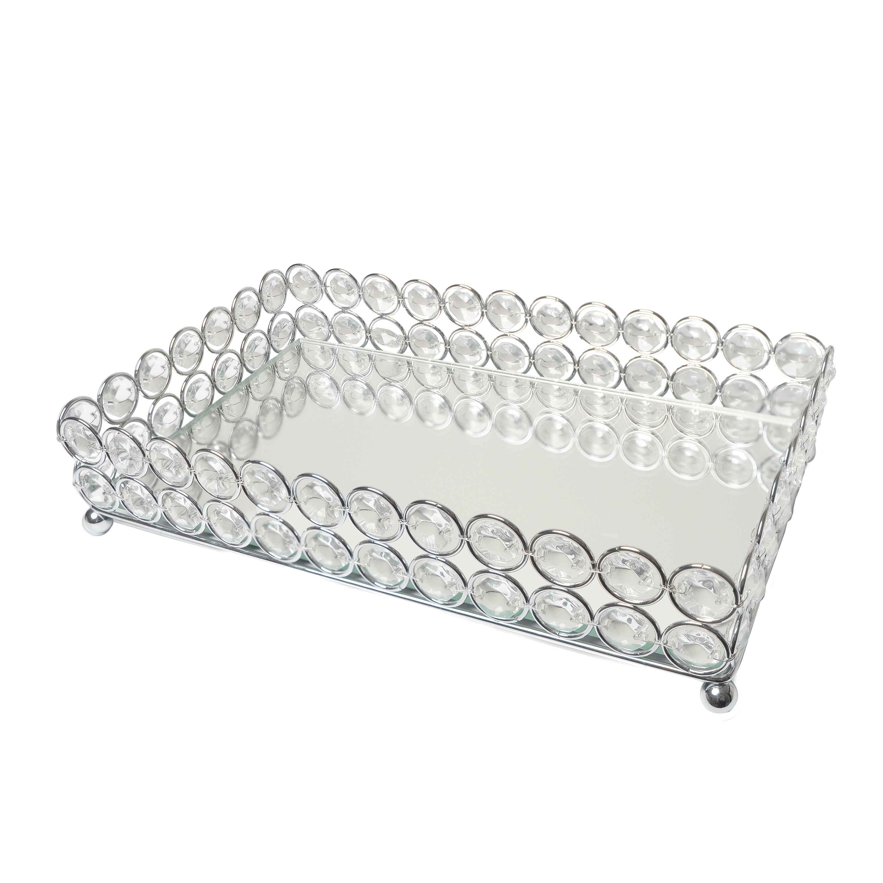 11" Silver And Clear Faux Crystal Metal And Mirrored Glass Vanity Tray