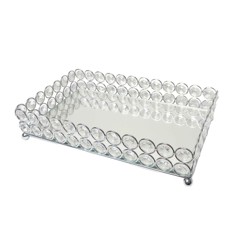 11" Silver And Clear Faux Crystal Metal And Mirrored Glass Vanity Tray