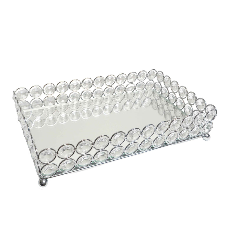 11" Silver And Clear Faux Crystal Metal And Mirrored Glass Vanity Tray