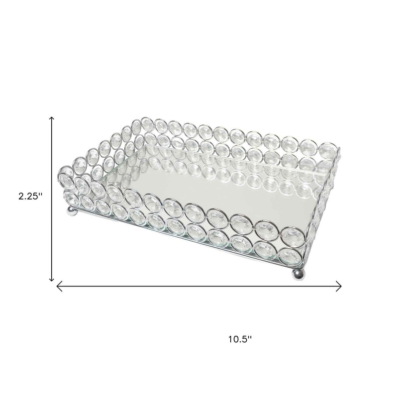 11" Silver And Clear Faux Crystal Metal And Mirrored Glass Vanity Tray