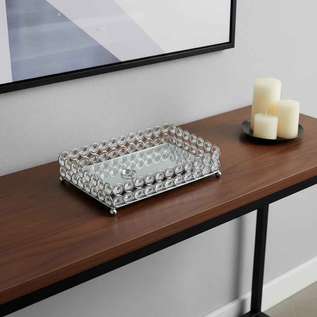 11" Silver And Clear Faux Crystal Metal And Mirrored Glass Vanity Tray