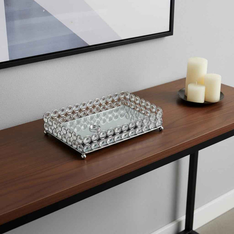 11" Silver And Clear Faux Crystal Metal And Mirrored Glass Vanity Tray