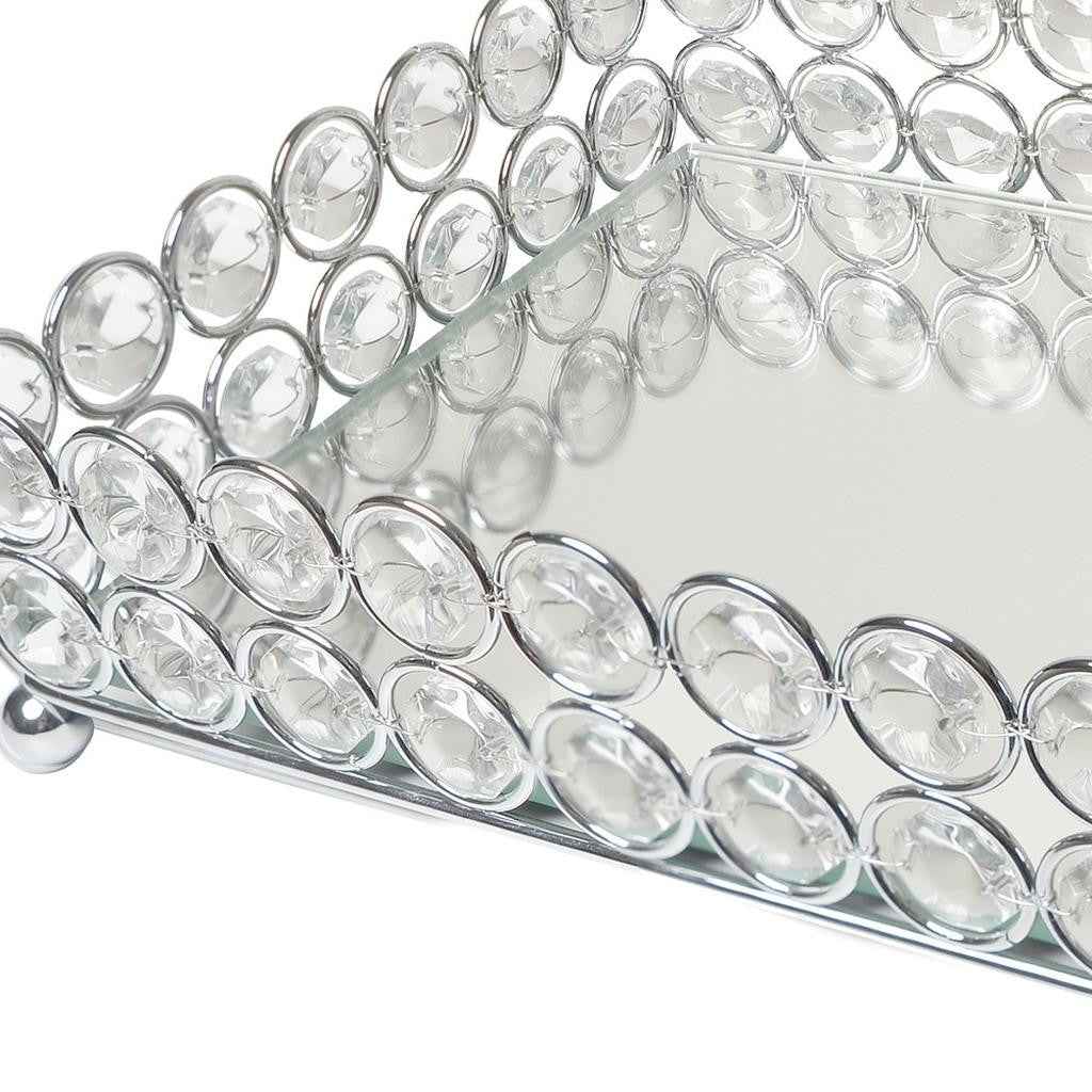 11" Silver And Clear Faux Crystal Metal And Mirrored Glass Vanity Tray
