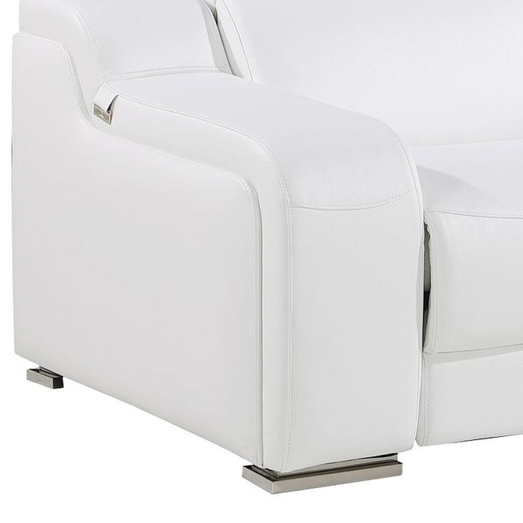 100" White Italian Leather Reclining USB Sofa - Living Room
