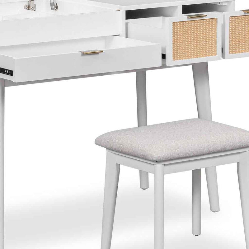 48" White Wood Mirrored Three Drawer Vanity Table And Lights