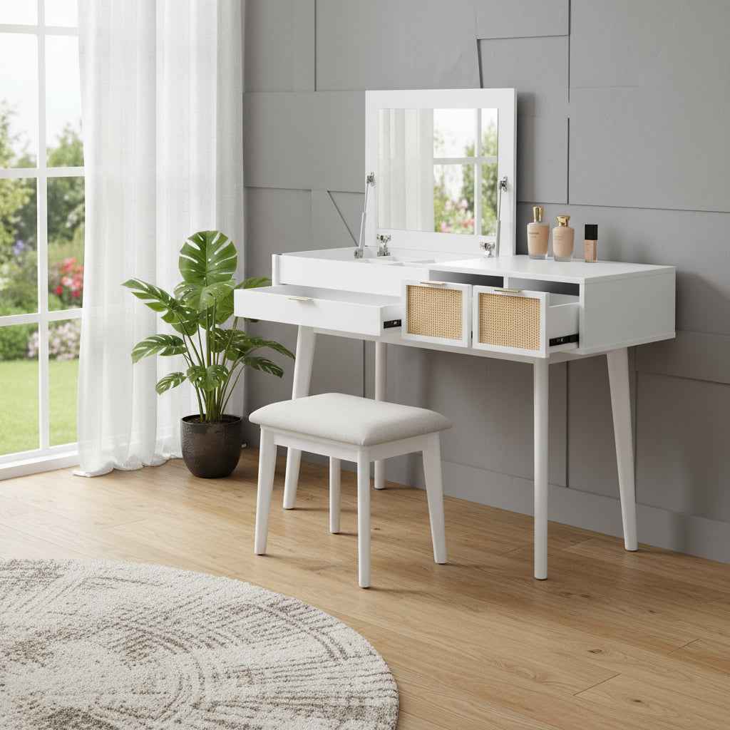 48" White Wood Mirrored Three Drawer Vanity Table And Lights