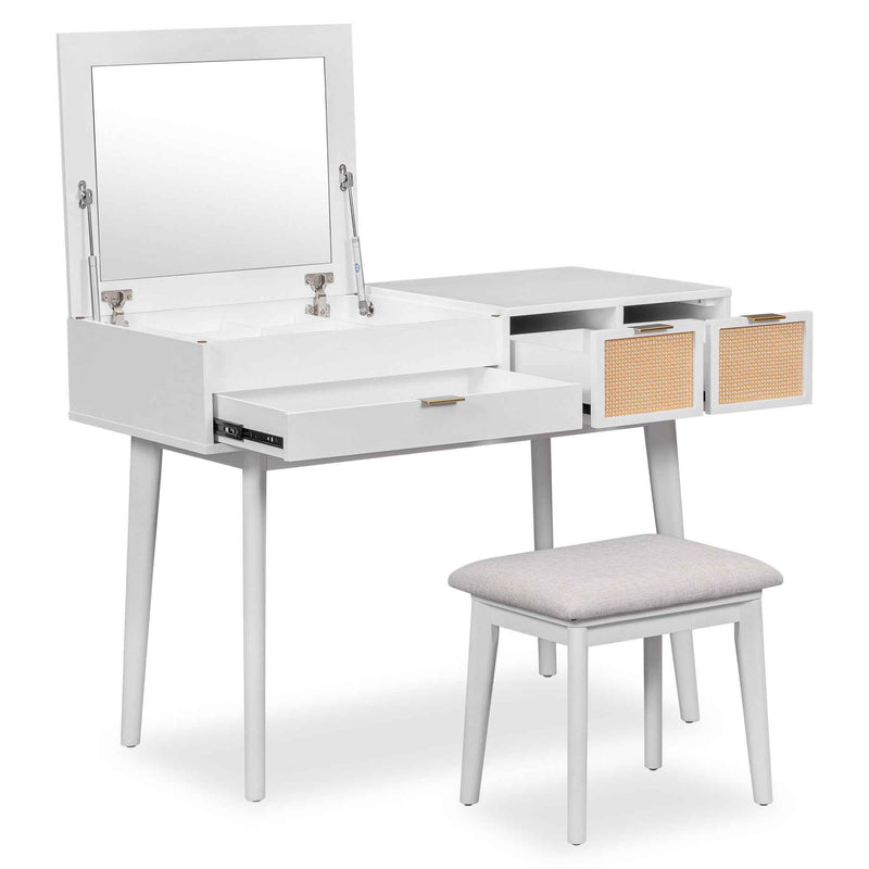 48" White Wood Mirrored Three Drawer Vanity Table And Lights