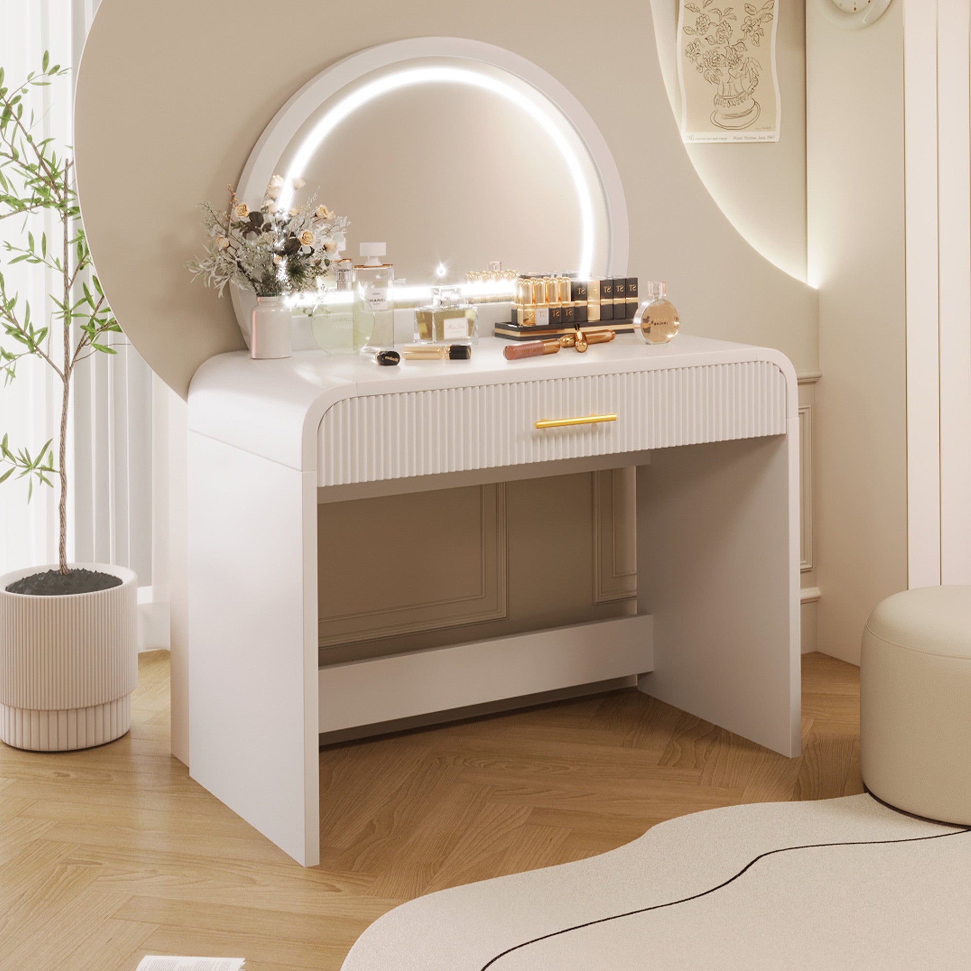 43" White Wood Mirrored Vanity Table With Mirror And Lights