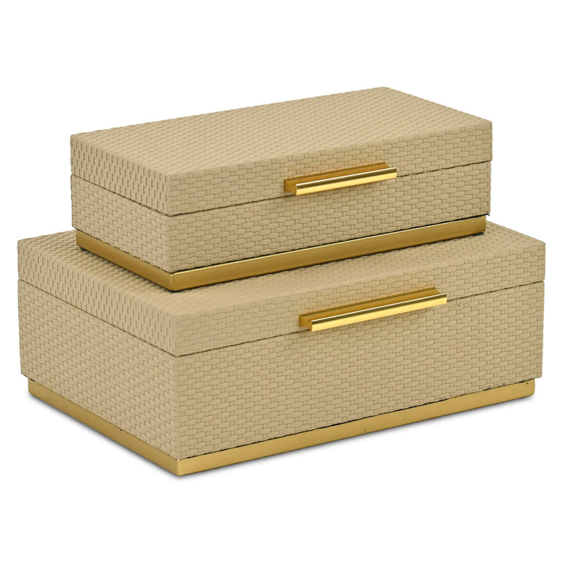 Set of Two Taupe And Gold Nesting Decorative Storage Boxes With Lids