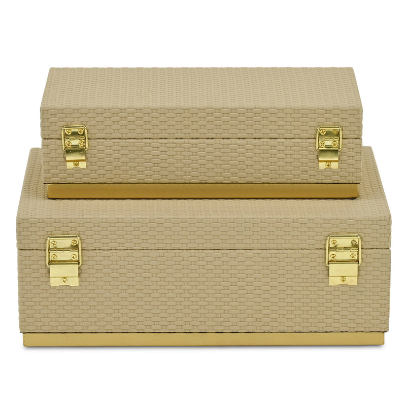 Set of Two Taupe And Gold Nesting Decorative Storage Boxes With Lids