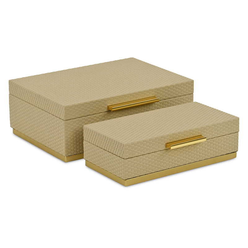 Set of Two Taupe And Gold Nesting Decorative Storage Boxes With Lids