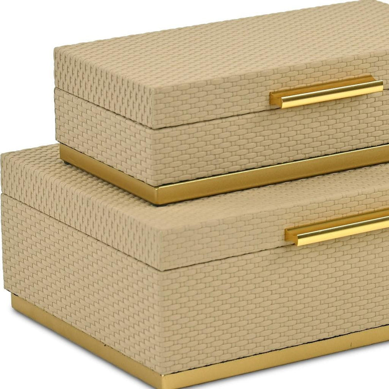 Set of Two Taupe And Gold Nesting Decorative Storage Boxes With Lids