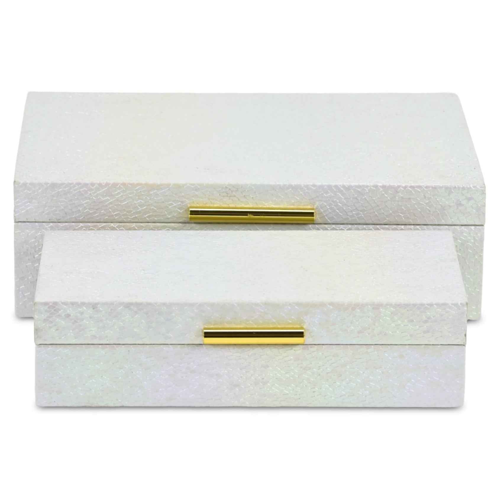 Set of Two White And Gold Faux Shagreen Nesting Storage Boxes With Lids
