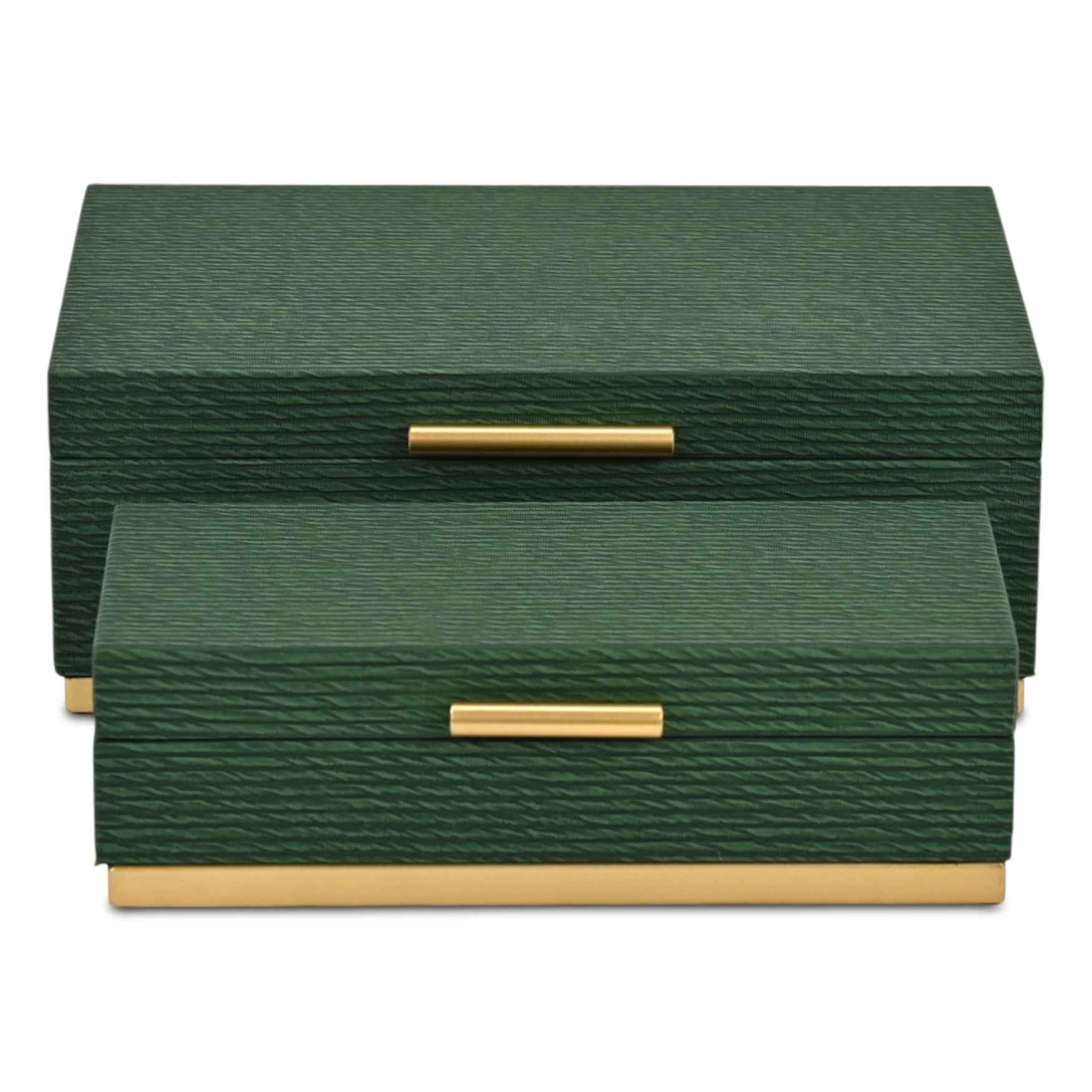Set of Two Green And Gold Striped Nesting Storage Boxes With Lids