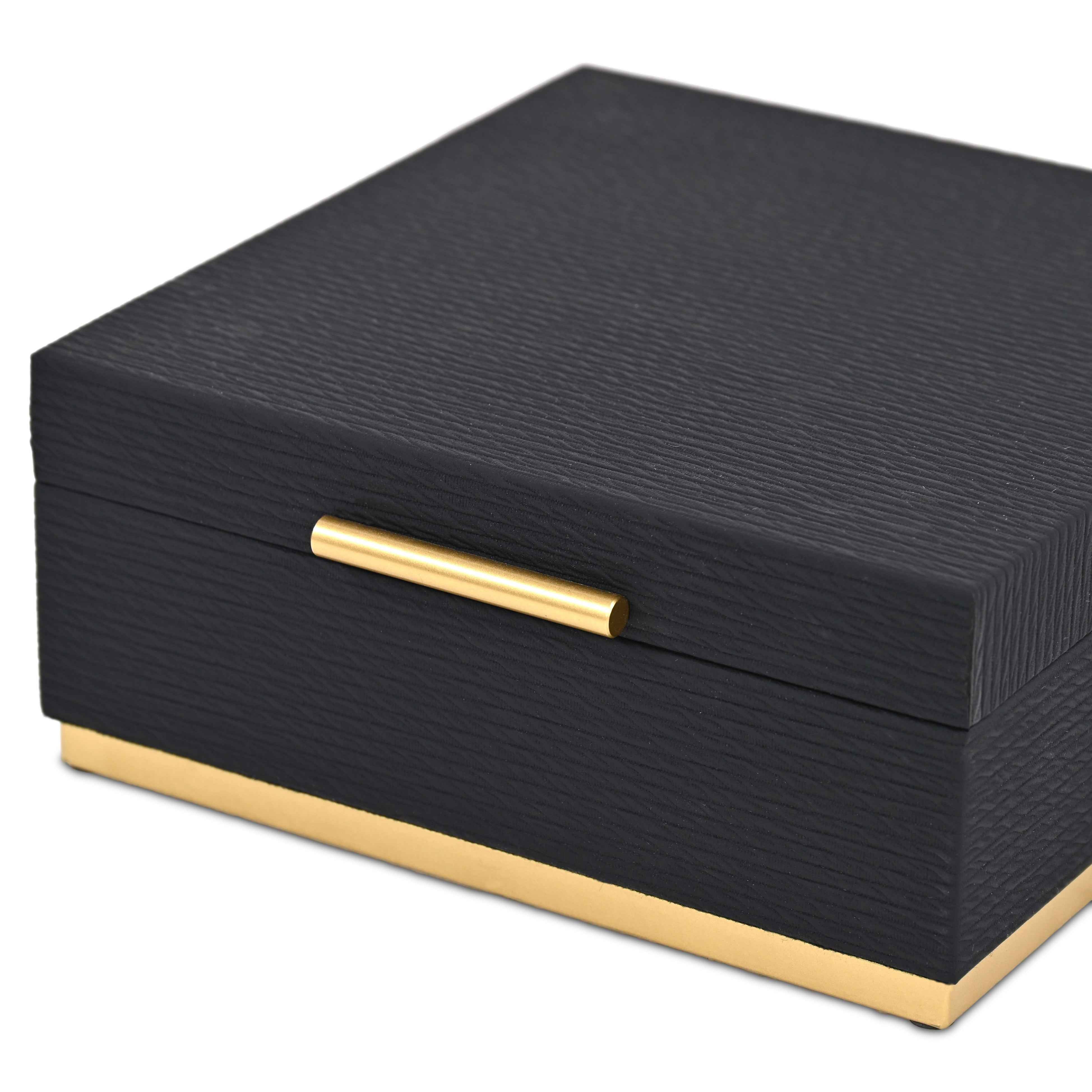 Set of Two Black And Gold Striped Square Nesting Storage Boxes With Lids