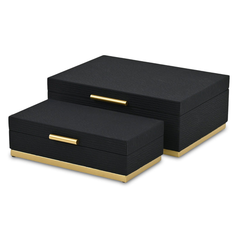 Set of Two Black And Gold Striped Nesting Storage Boxes With Lids