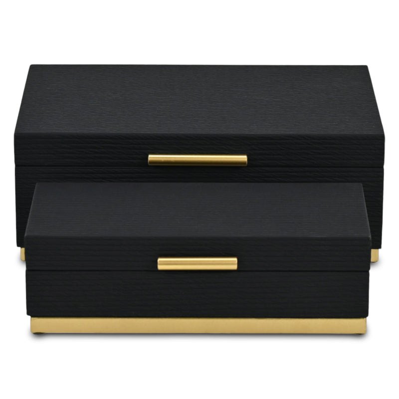 Set of Two Black And Gold Striped Nesting Storage Boxes With Lids