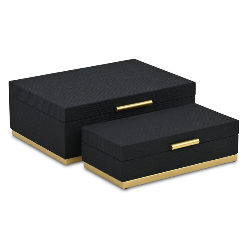 Set of Two Black And Gold Striped Nesting Storage Boxes With Lids