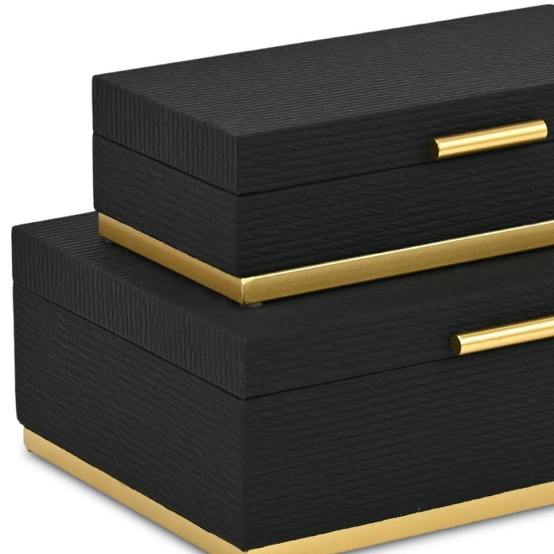 Set of Two Black And Gold Striped Nesting Storage Boxes With Lids