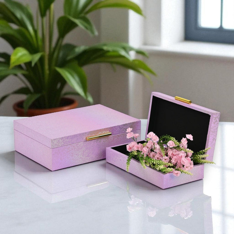 Set of Two Pink And Gold Faux Shagreen Nesting Storage Boxes With Lids