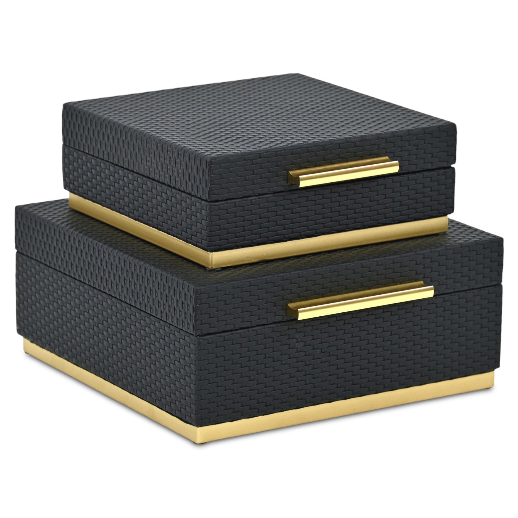 Set of Two Black And Gold Square Nesting Decorative Storage Boxes With Lids