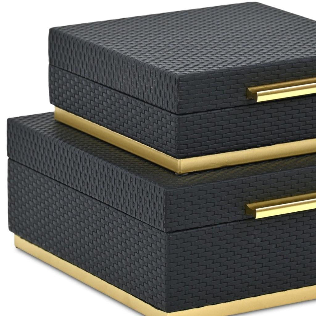 Set of Two Black And Gold Square Nesting Decorative Storage Boxes With Lids