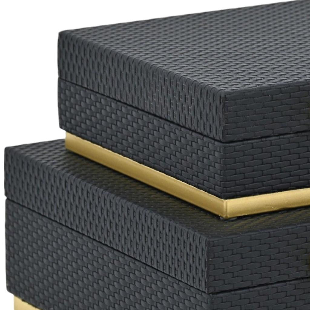 Set of Two Black And Gold Square Nesting Decorative Storage Boxes With Lids