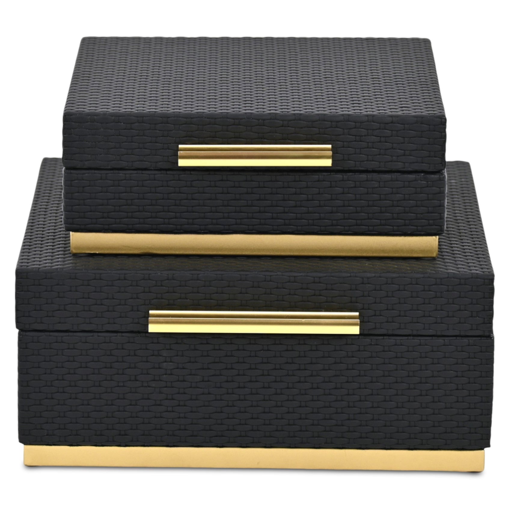 Set of Two Black And Gold Square Nesting Decorative Storage Boxes With Lids