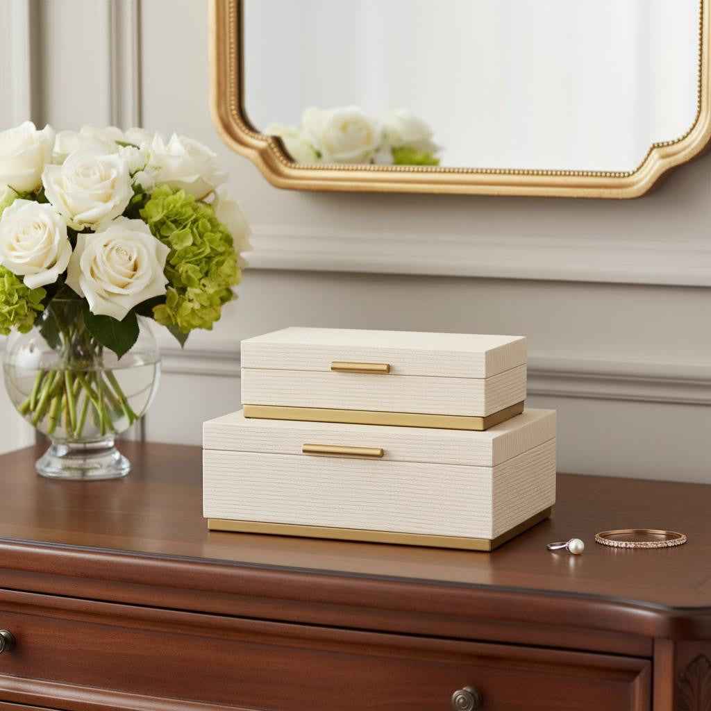 Set of Two Cream And Gold Striped Nesting Storage Boxes With Lids