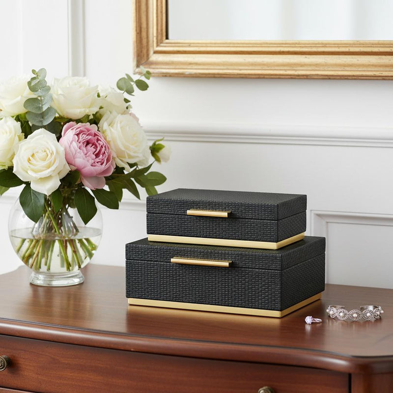 Set of Two Black And Gold Nesting Decorative Storage Boxes With Lids