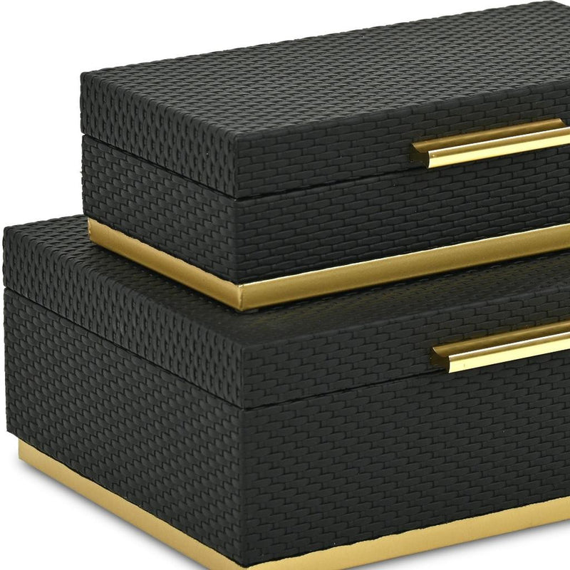Set of Two Black And Gold Nesting Decorative Storage Boxes With Lids