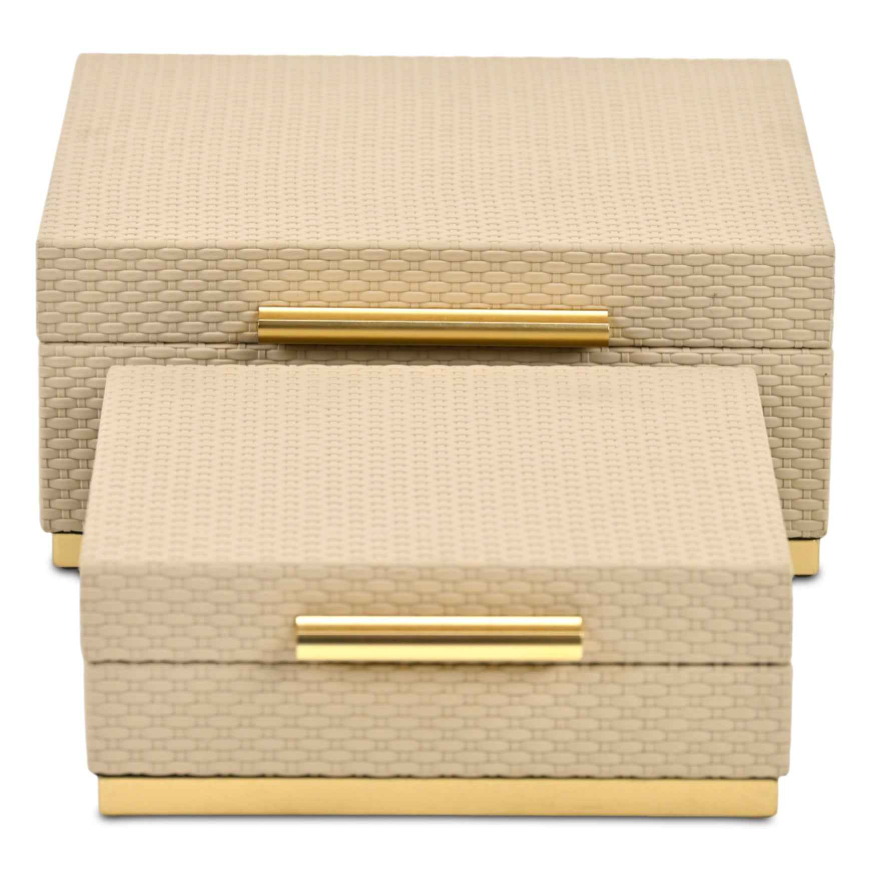 Set of Two Taupe And Gold Square Nesting Decorative Storage Boxes With Lids