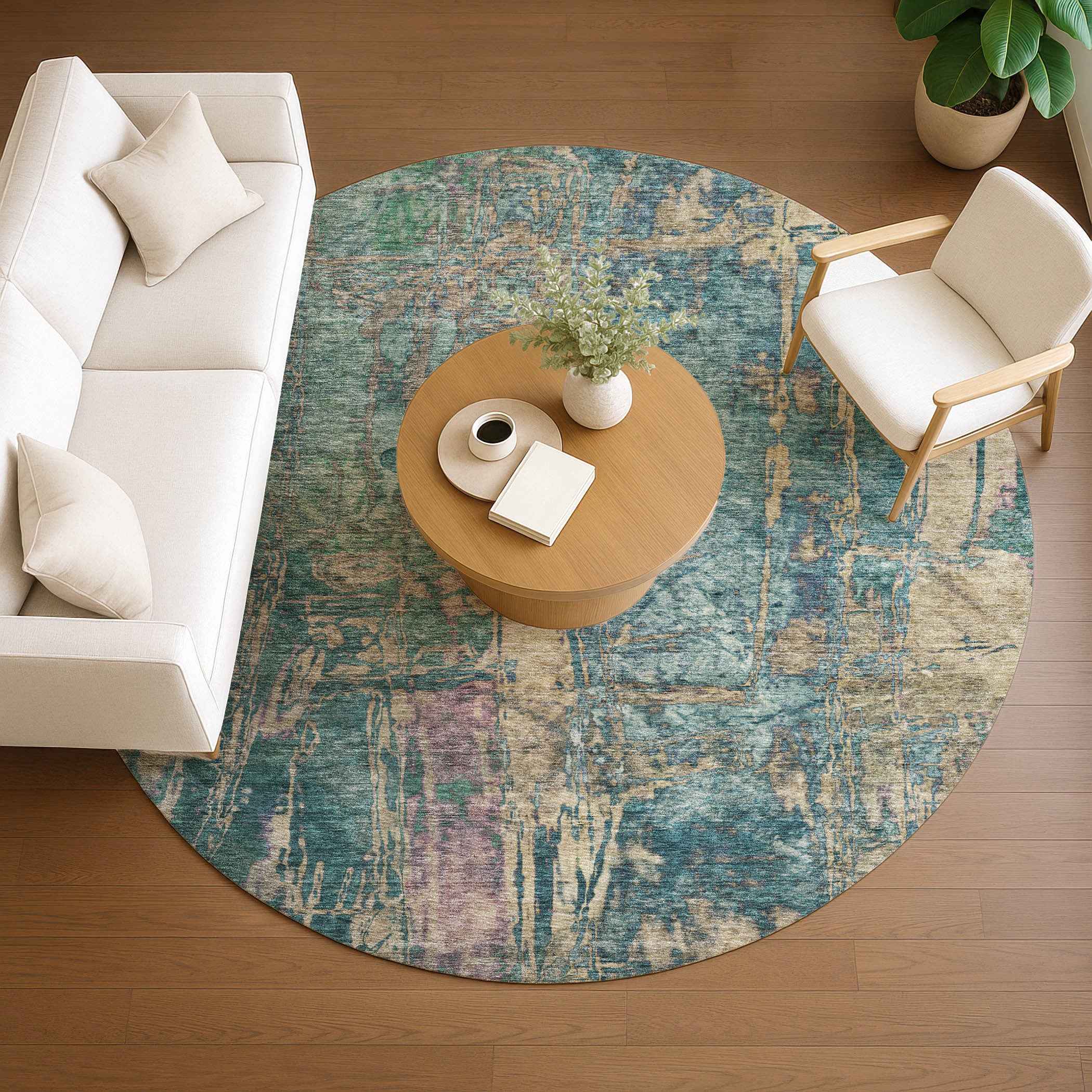 8' Teal Blue And Gold Round Abstract Washable Indoor Outdoor Area Rug