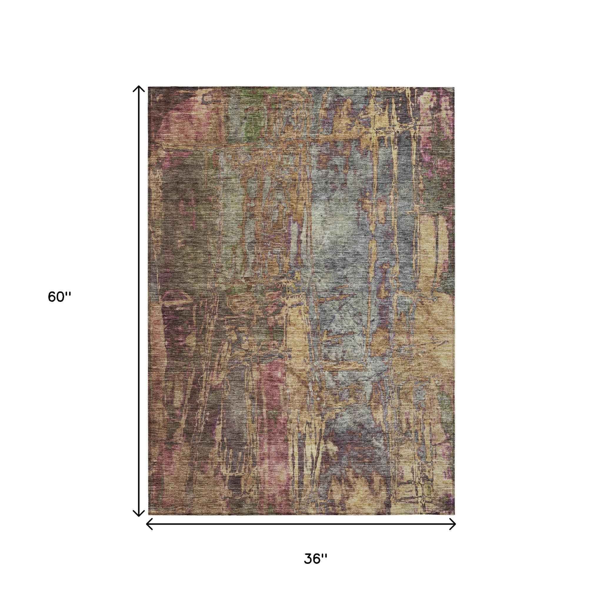 3' X 5' Brown And Blush Abstract Washable Indoor Outdoor Area Rug