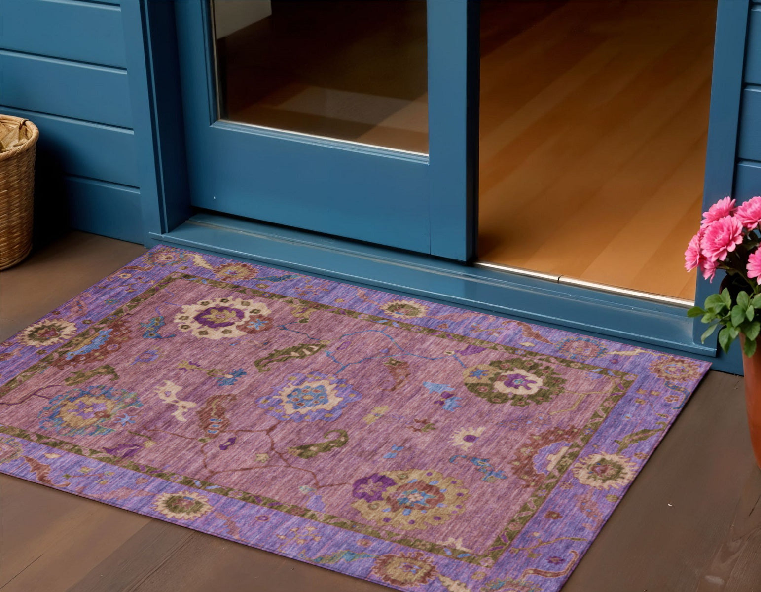3' X 5' Pink Purple And Gold Floral Medallion Washable Indoor Outdoor Area Rug - Sports & Outdoor