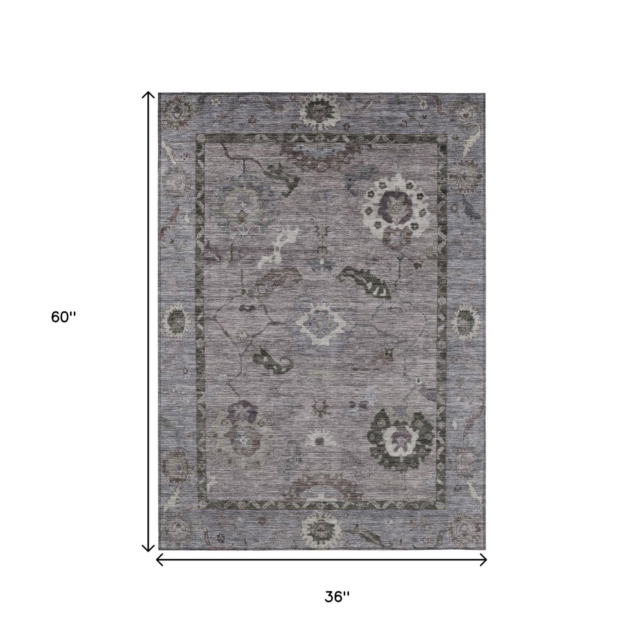3' X 5' Pewter Gray And Silver Floral Medallion Washable Indoor Outdoor Area Rug - Sports & Outdoor