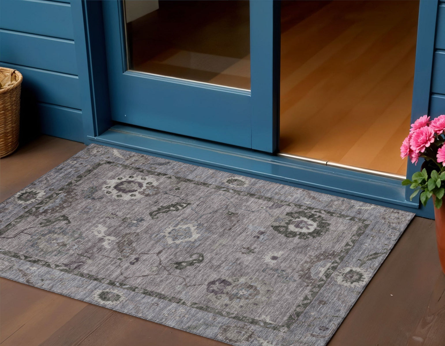 3' X 5' Pewter Gray And Silver Floral Medallion Washable Indoor Outdoor Area Rug - Sports & Outdoor