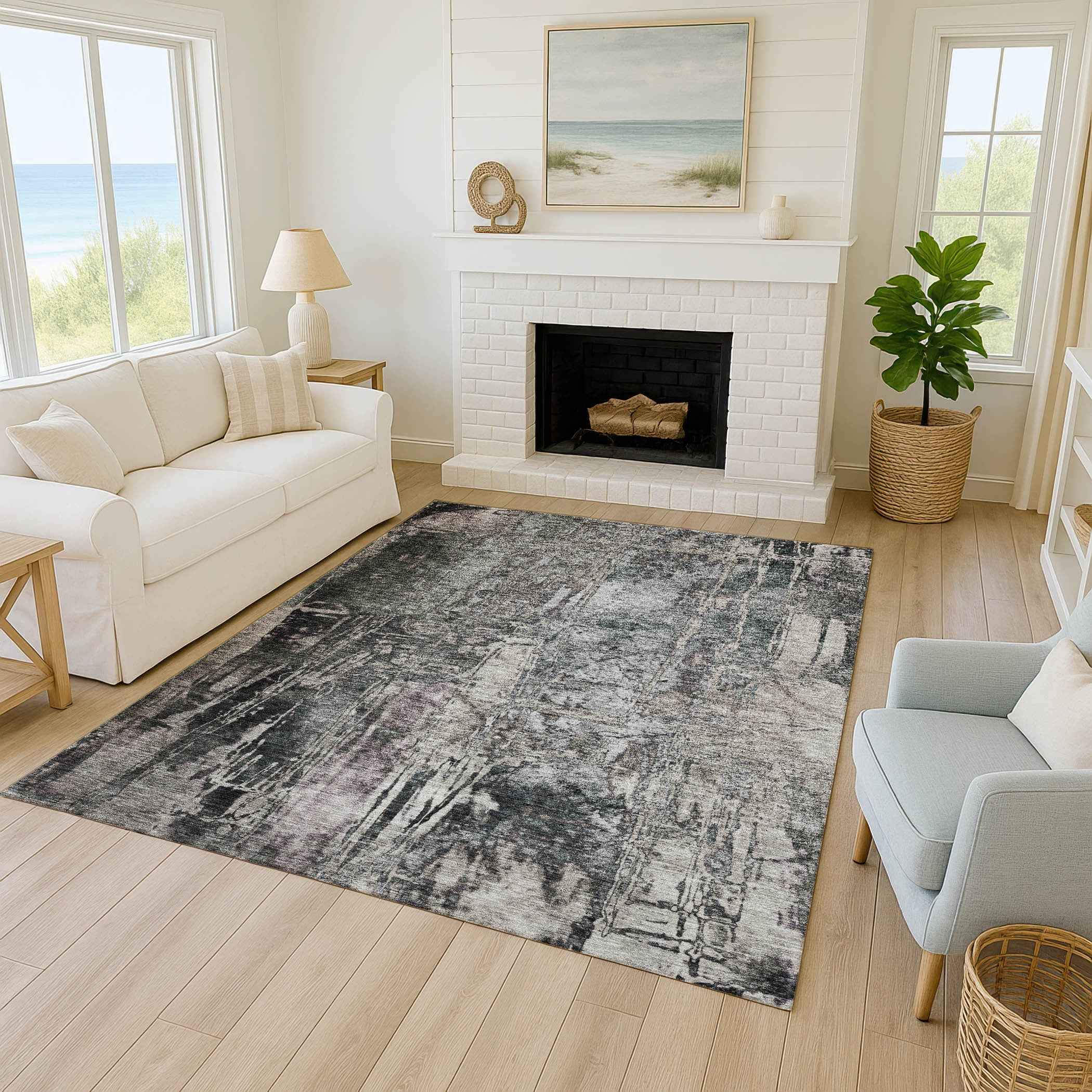 3' X 5' Gray And Silver Abstract Washable Indoor Outdoor Area Rug