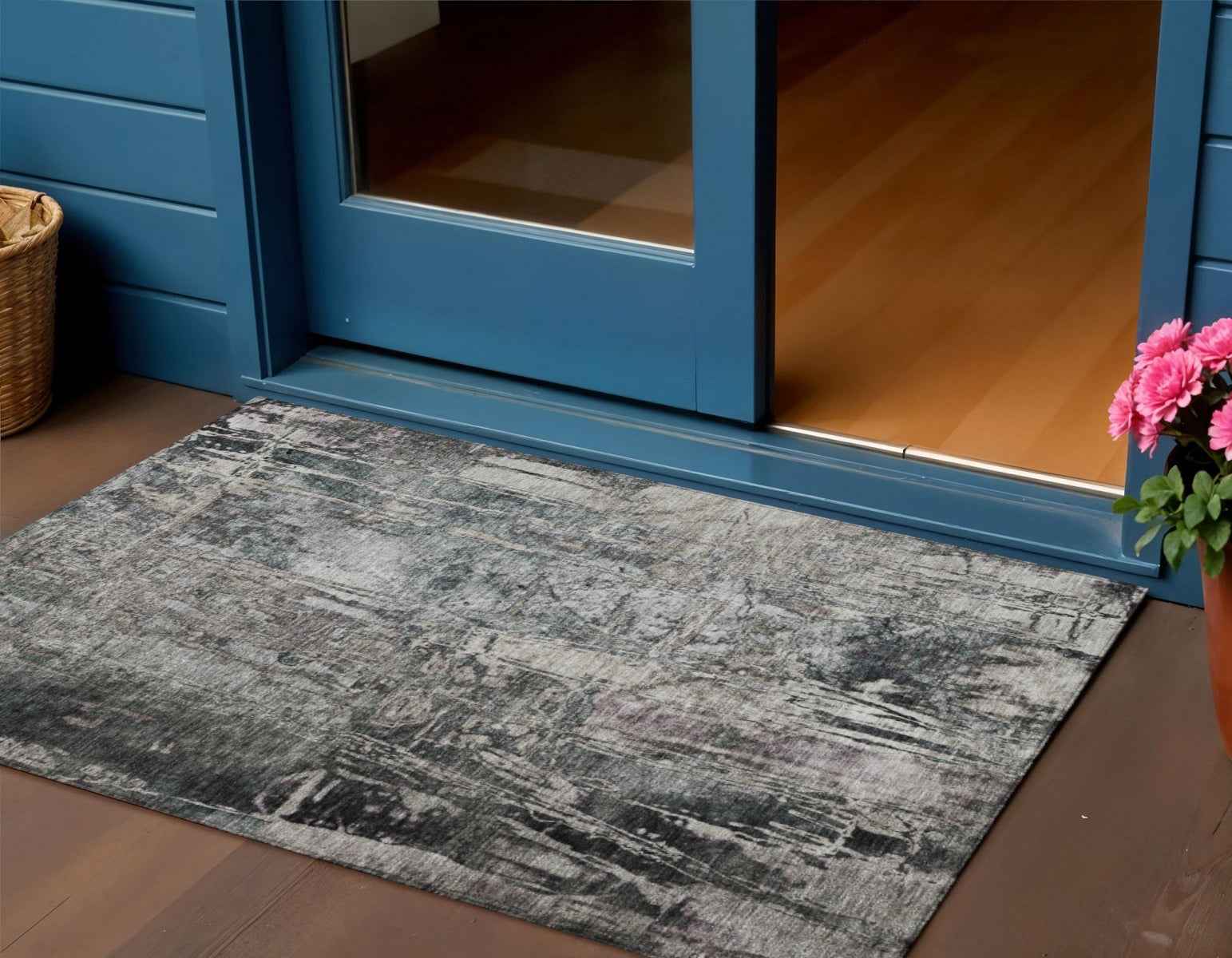 3' X 5' Gray And Silver Abstract Washable Indoor Outdoor Area Rug