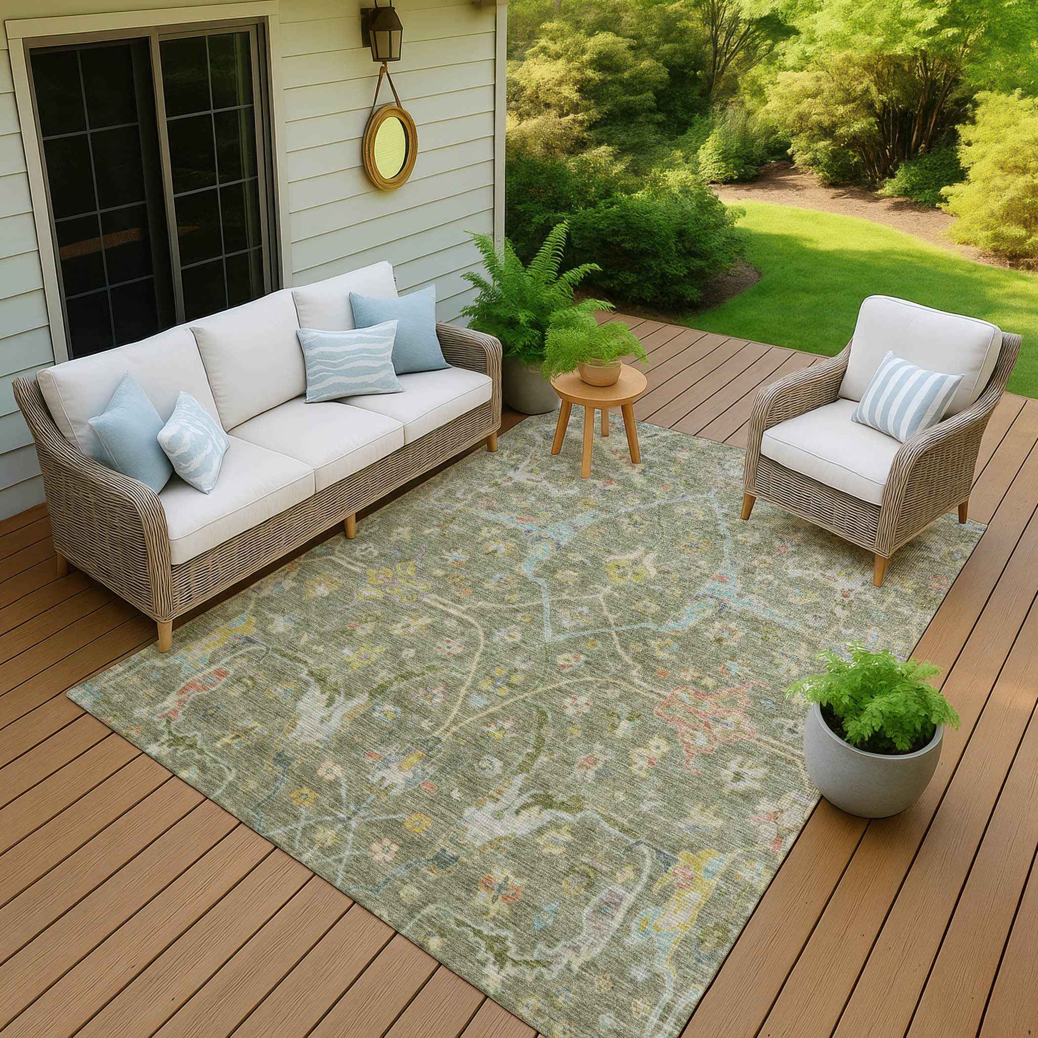 3' X 5' Artichoke Green Gold And Copper Floral Washable Indoor Outdoor Area Rug
