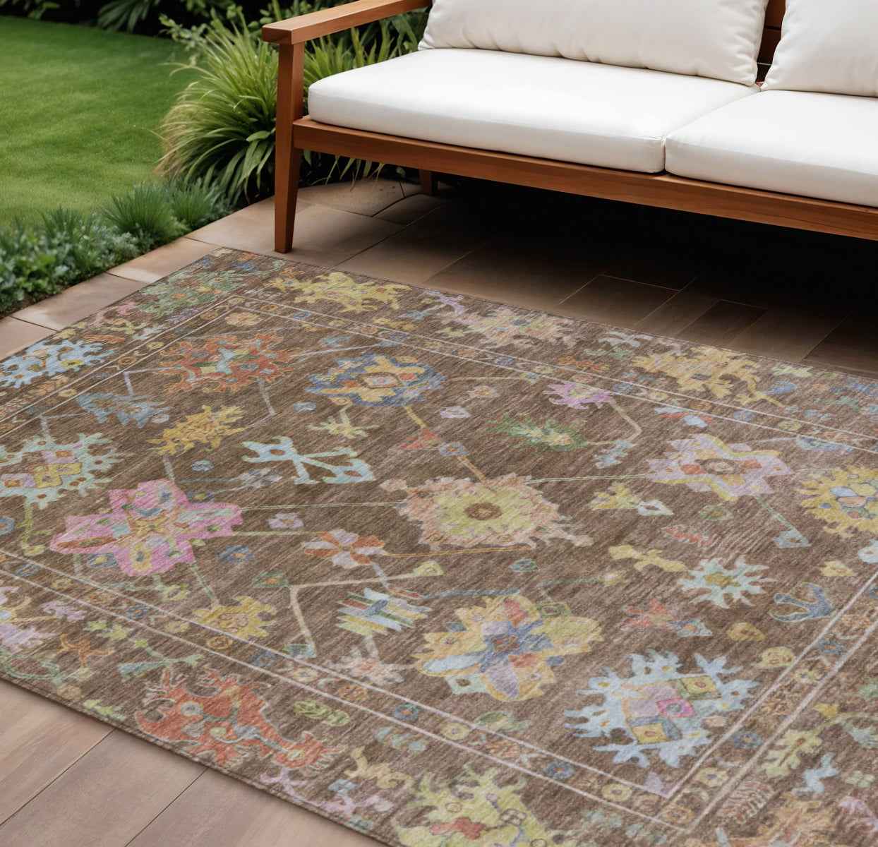 8' X 10' Brown Pink And Blue Floral Washable Indoor Outdoor Area Rug