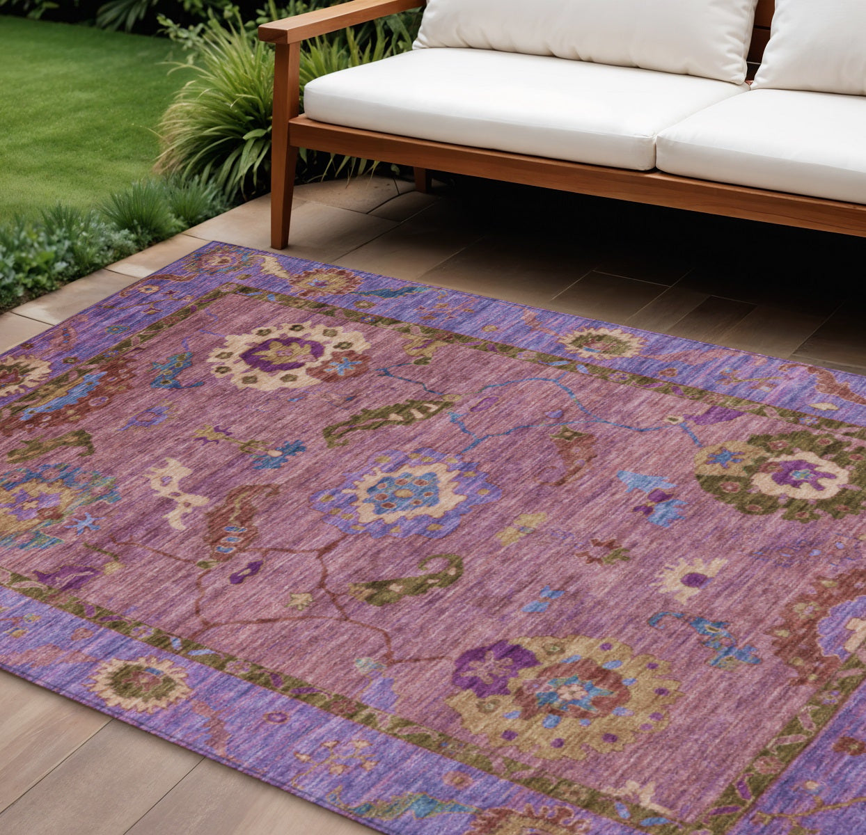 10' X 14' Pink Purple And Gold Floral Medallion Washable Indoor Outdoor Area Rug - Sports & Outdoor