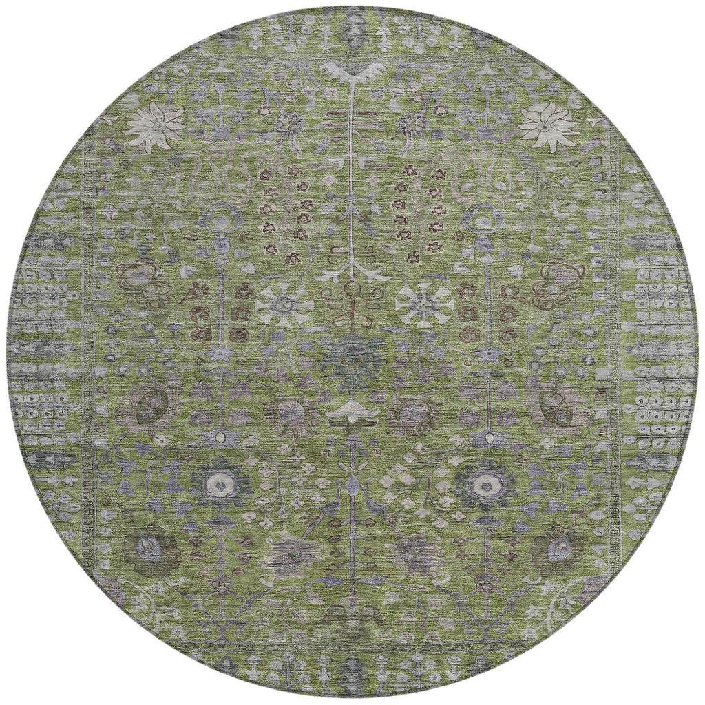 8' Artichoke Green And Gray Round Floral Washable Indoor Outdoor Area Rug - Sports & Outdoor