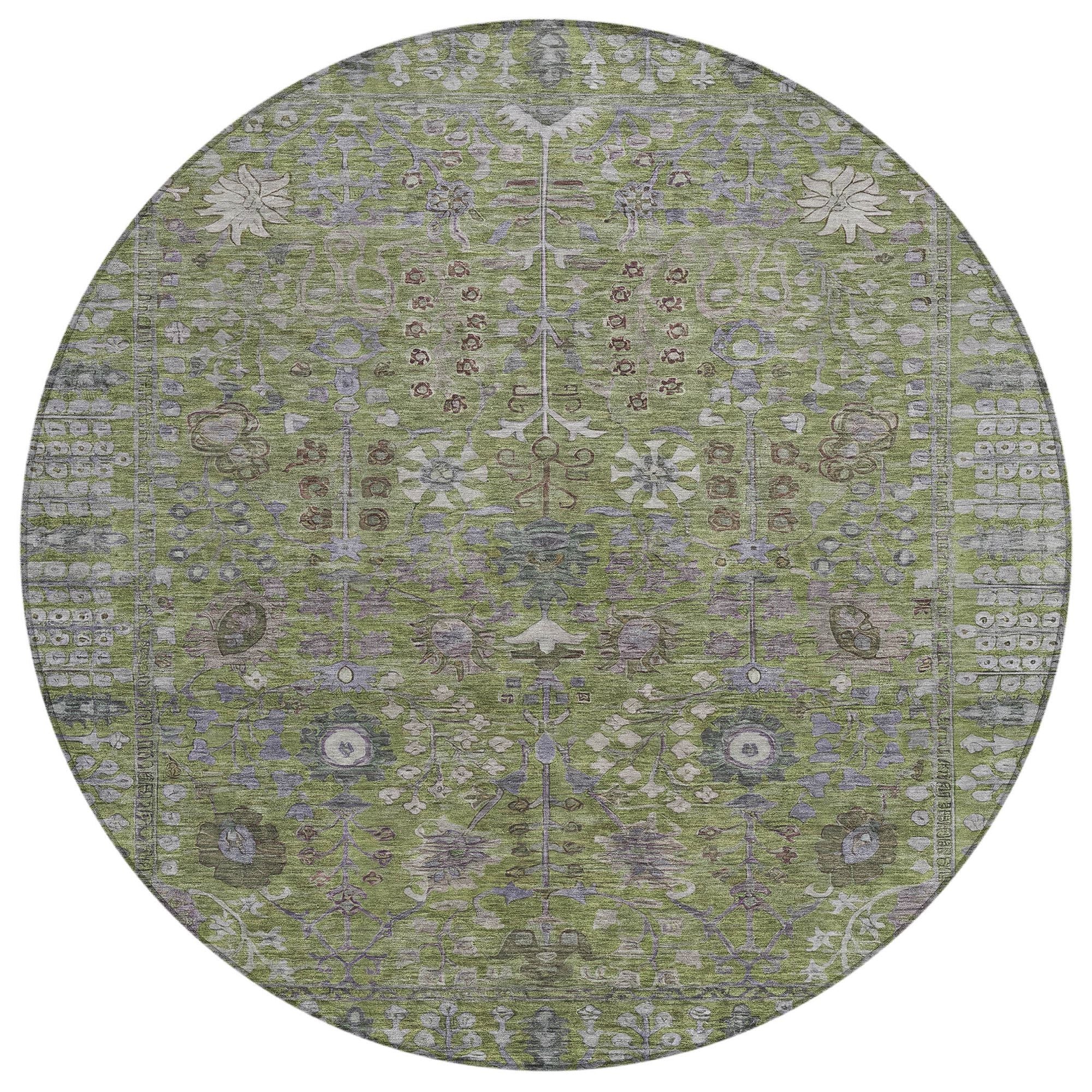 8' Artichoke Green And Gray Round Floral Washable Indoor Outdoor Area Rug - Sports & Outdoor